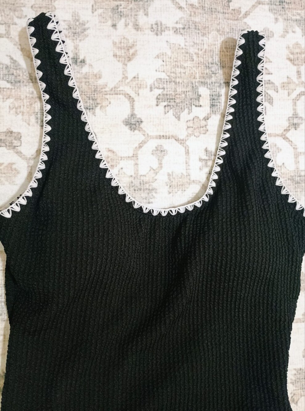 NWOT Betsy Johnson Black Ribbed One Piece White Crochet Trim, XS